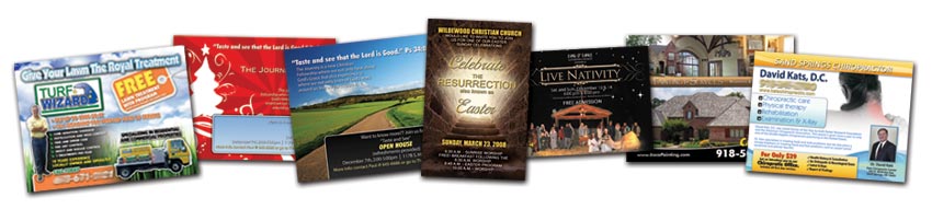 Examples of Tulsa Direct Mail postcards for local businesses, churches, real estate, and chiropractic services